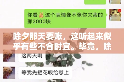 除夕那天要账，这听起来似乎有些不合时宜。毕竟，除夕是团圆的时刻，家家户户都在享受着节日的欢乐。然而，在现实生活中，总有一些人因为各种原因，不得不在这样一个特殊的日子里，去处理一些不那么愉快的事情，比如要账。今天，我们就来聊聊这个话题，看看在除夕那天要账，究竟是一种怎样的体验。